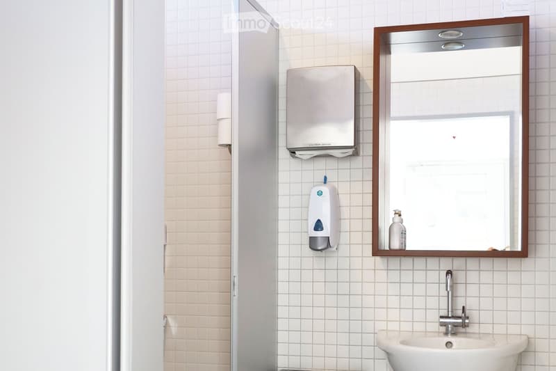 bathroom with sink, mirror, hand soap dispenser, towel dispenser