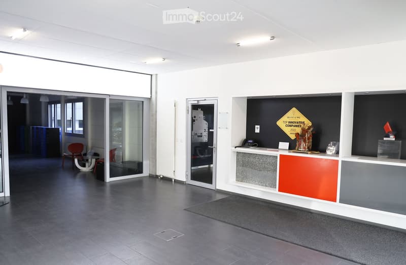 modern, spacious entrance hall with glass doors, light grey floor tiles, a reception desk with a black and red design, decorative items, and a grey carpet in front of the reception desk