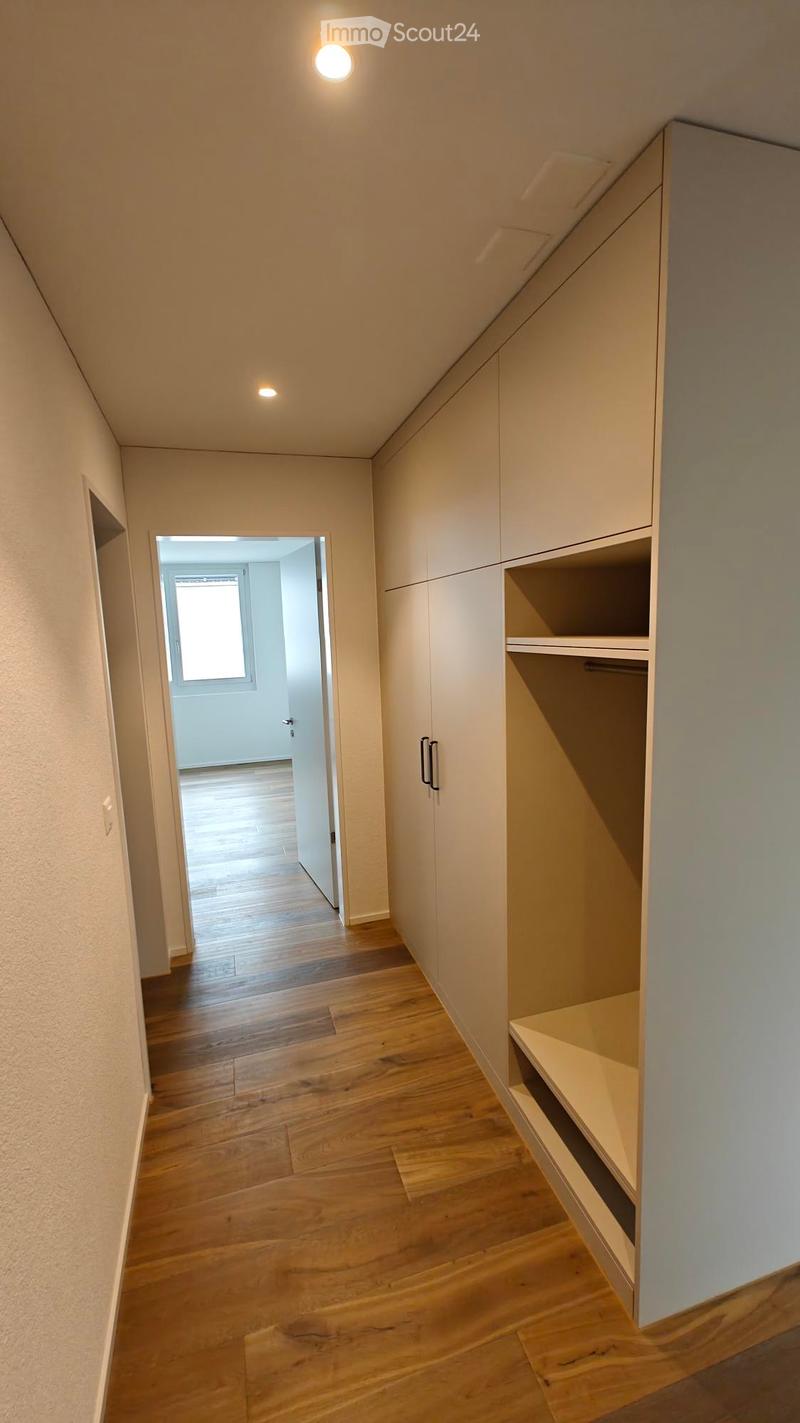 A modern hallway with wooden flooring, built-in white closet with shelves, and recessed lighting. An open doorway leads to another room with a window and wooden floor.