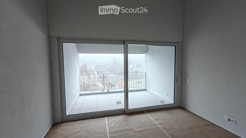 empty room, balcony, large sliding doors, tiled balcony floor, power outlet