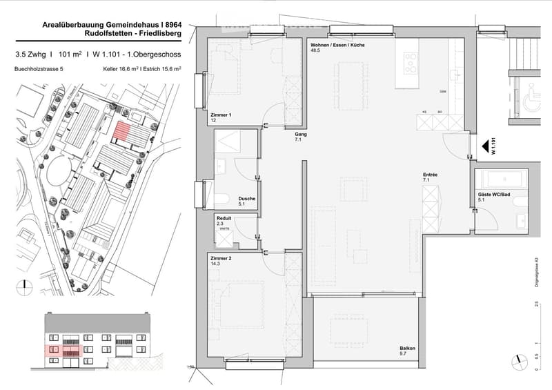 Floor plan of a 3.5-room apartment on the first floor, including living/dining/kitchen area, two bedrooms, a shower, a guest WC/bathroom, hallway, entrance, and balcony.