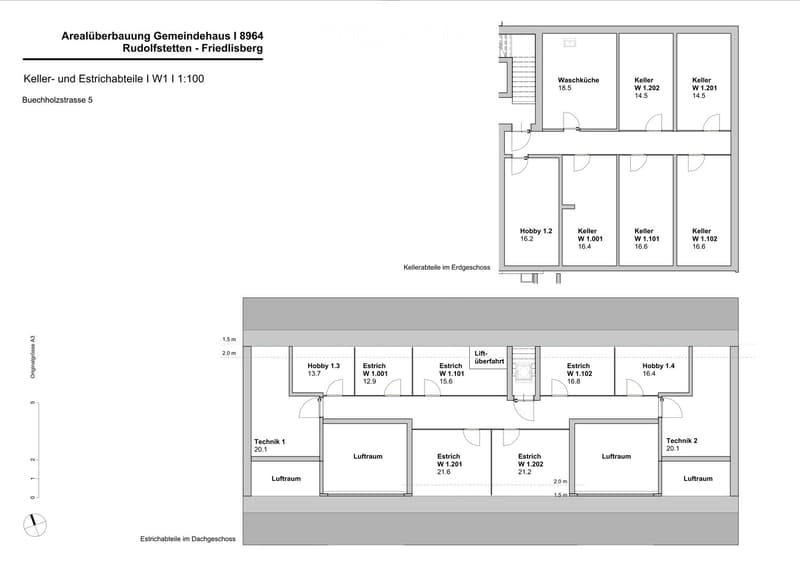 Floor plan of a basement and attic level showing multiple rooms including hobby spaces, storage areas, and technical rooms.