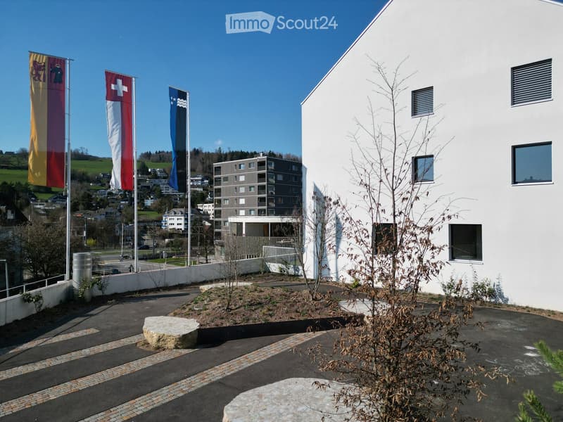 White building with glass windows, flags, paved area, small garden, another building in the background