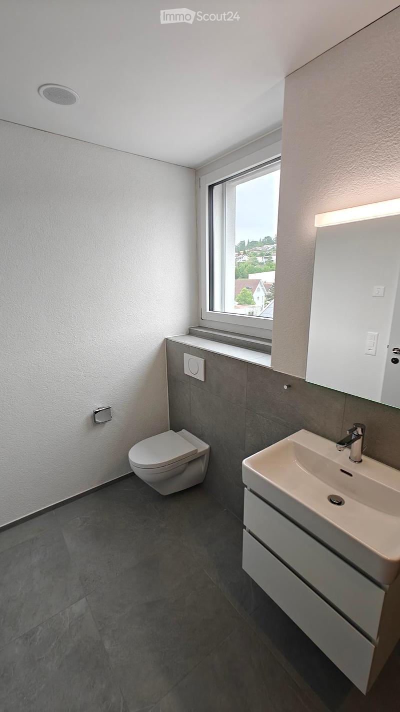 Modern bathroom with a toilet, sink, and cabinet, featuring grey tiles and a large window offering a view of the outside.
