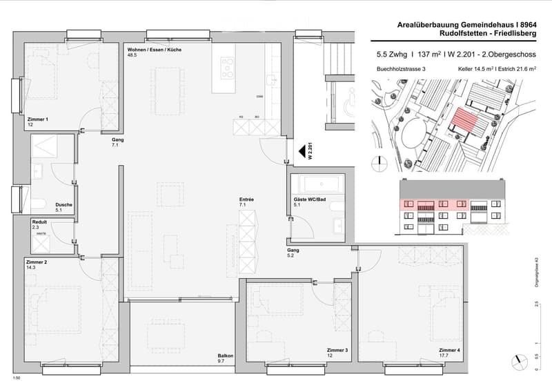 Living room, kitchen, 3 bedrooms, 2 bathrooms, balcony, entrance, guest WC/Bath, storage