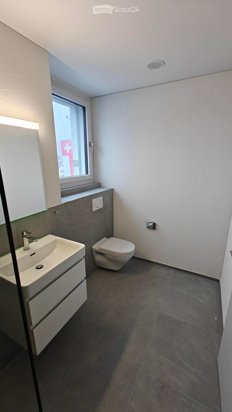 modern bathroom with white sink, white toilet, gray tiles, window with red cross