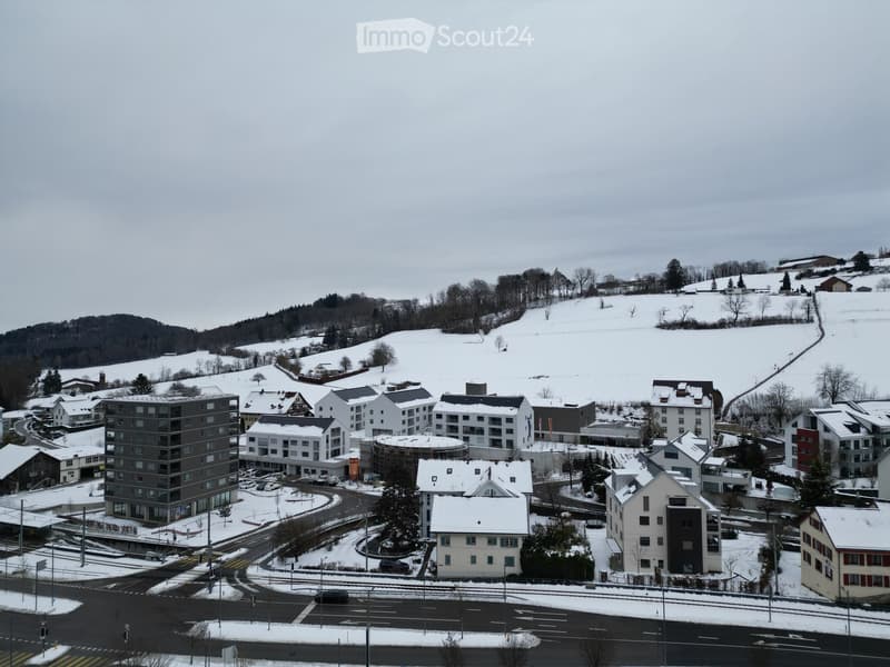 Snow-covered suburban area with buildings, roads, and hills
