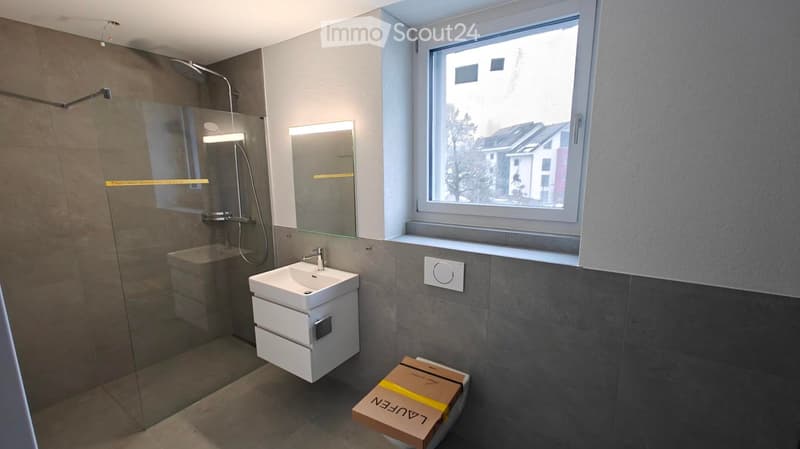 modern bathroom with shower, sink, mirror, and toilet