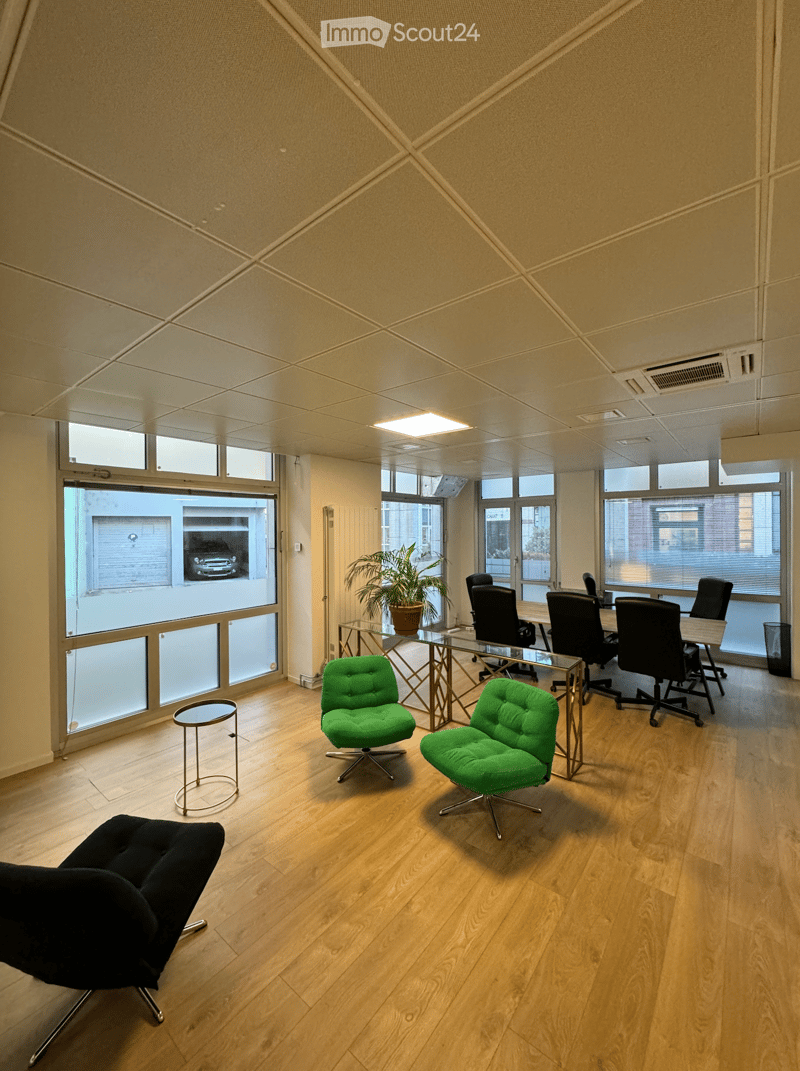 modern office room, wooden floor, large windows, green chairs, table, meeting table, black chairs, potted plant