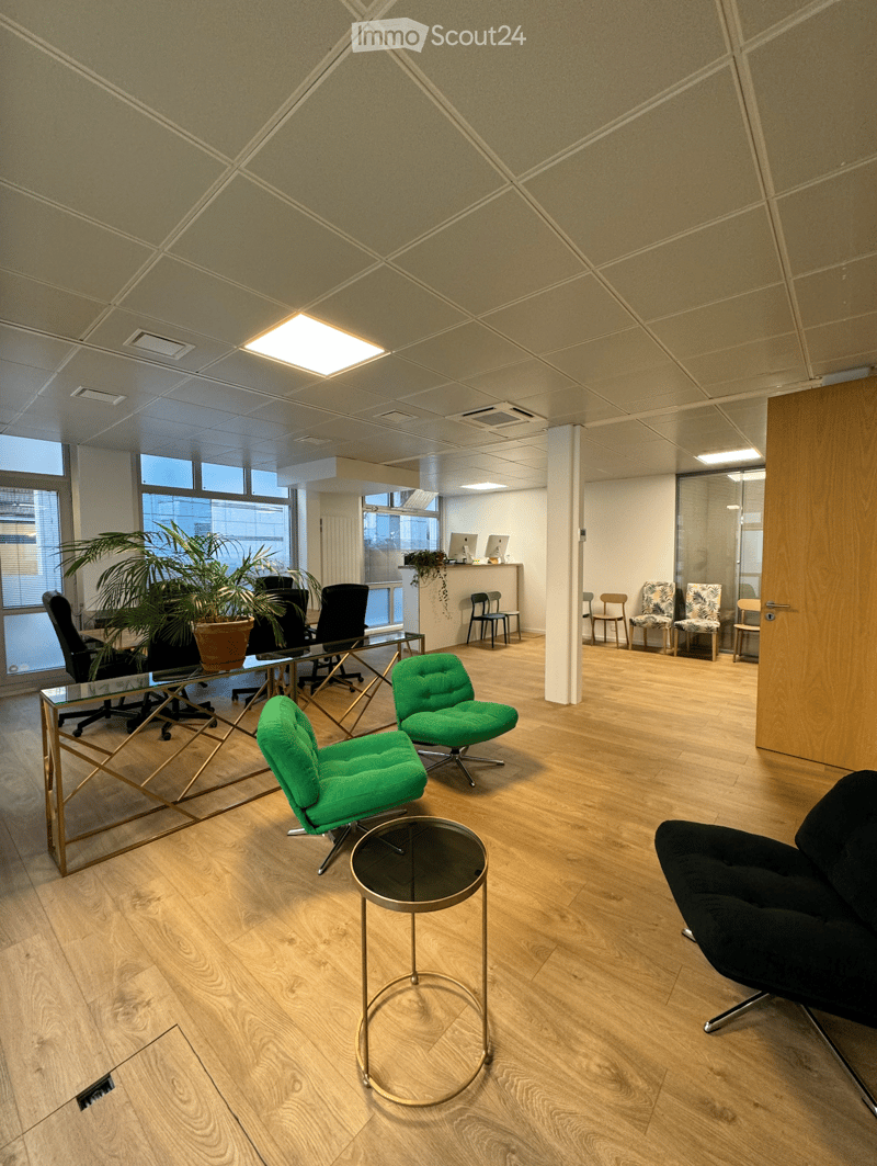 modern office with wooden floor, glass table, green chairs, black chairs, potted plants, glass windows, ceiling lights