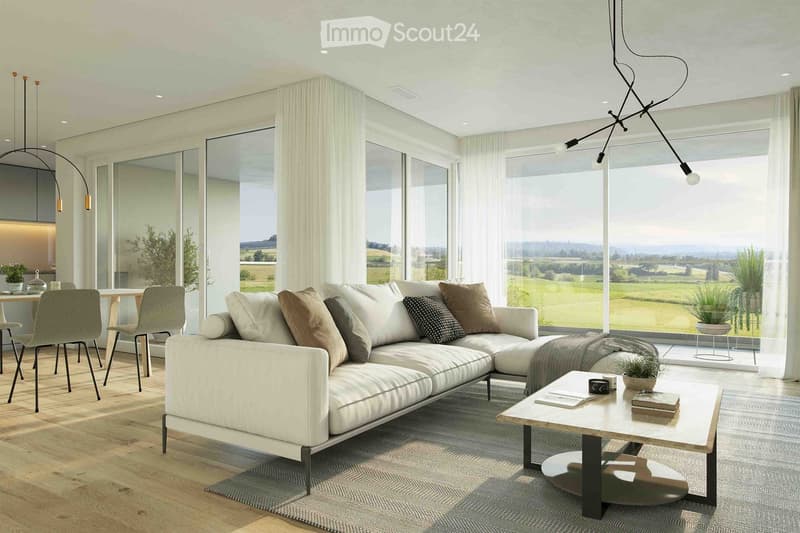 L-shaped white sofa, large windows, wooden flooring, table, chairs, plants, coffee table, books, modern chandelier, modern lighting