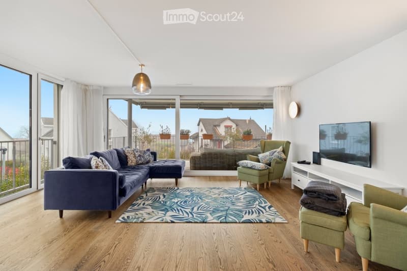 large windows, balcony, rug, sofa, flatscreen tv, shelf, armchairs