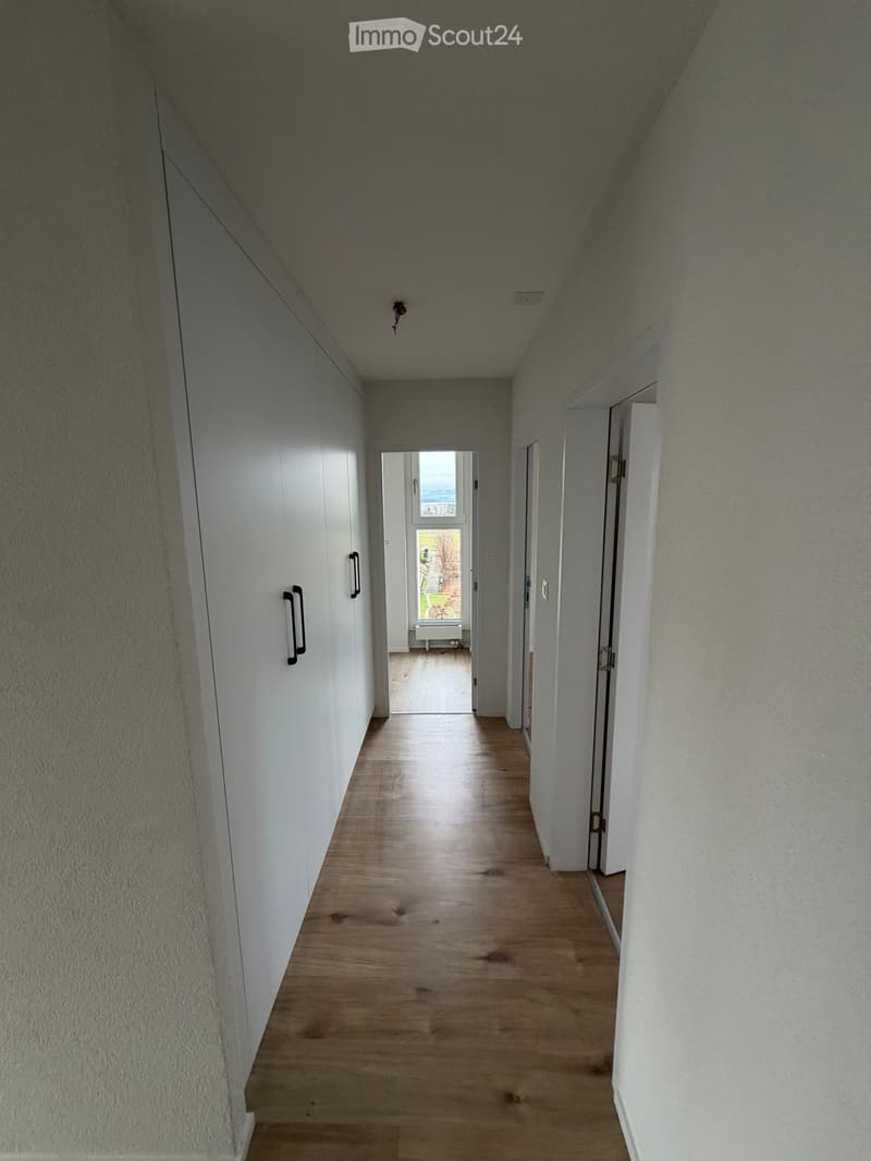 empty hallway, white walls, wooden floor, doors on each side