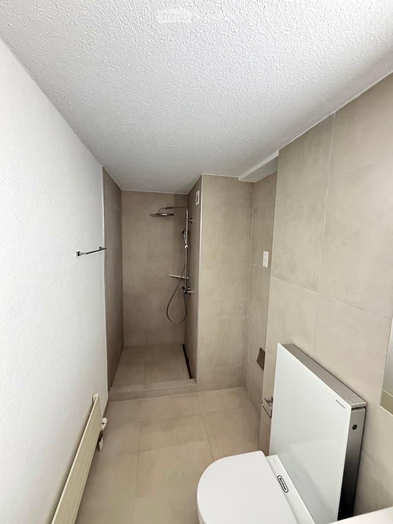 Empty modern bathroom with walk-in shower, white toilet, and beige tiles