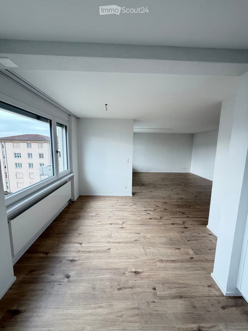 empty room with windows, wooden floor, white walls, radiators