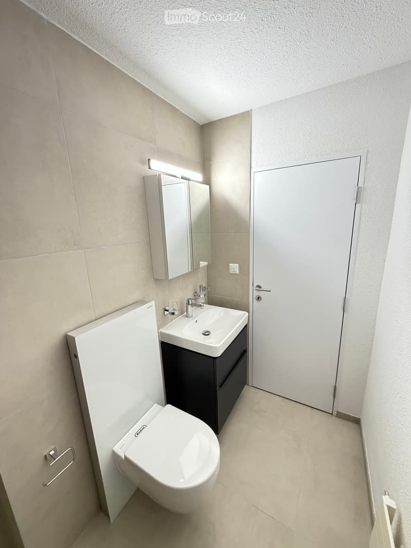 White tiles on the walls, white sink with faucet, white toilet, a white cabinet, a mirror above the sink, and a white door.