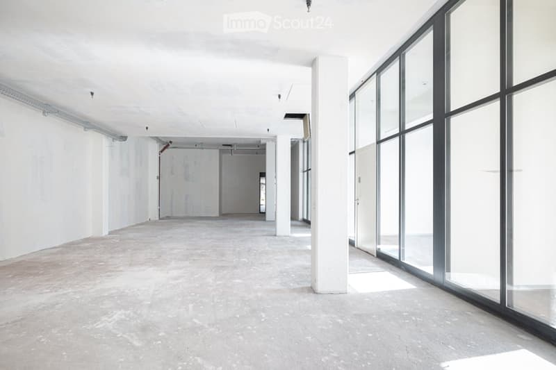large empty room, unfinished walls, floor, large glass windows