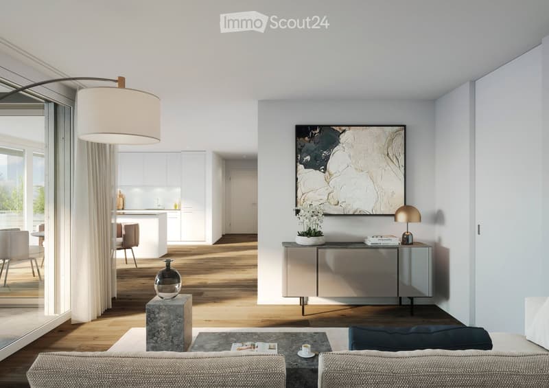 Minimalist design, floor to ceiling windows, wooden floor, sliding glass doors, gray furniture, open kitchen