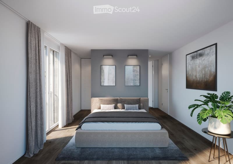 modern design, wooden floor, bed with pillows, gray headboard, gray wall, decorative lights, gray rug, decorative plant, two paintings
