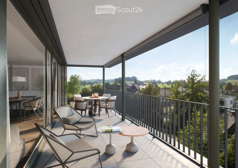 Balcony, glass doors, furniture, trees, rural view
