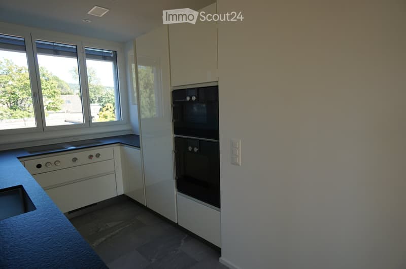 Modern kitchen with white cabinets, blue countertop, gas stove, double oven, sink, and windows overlooking trees.