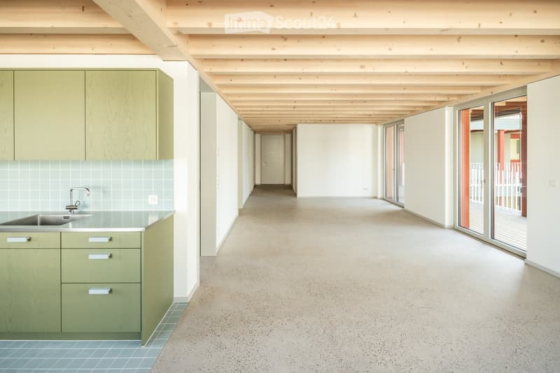 kitchen, empty hallway, glass door, balcony