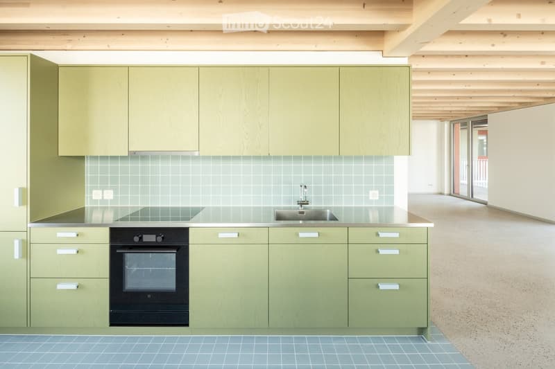 modern kitchen with green cabinets, gas stove, integrated oven, sink, ceiling mounted beams