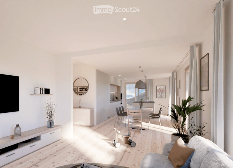 modern living room with dining area and kitchen, wooden floors, large windows, natural light, furniture, plants, tv