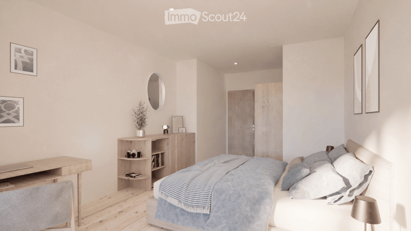 Bedroom with bed, desk, chair, bookshelf, framed pictures, decorative items, round mirror, wooden floor, ceiling lights