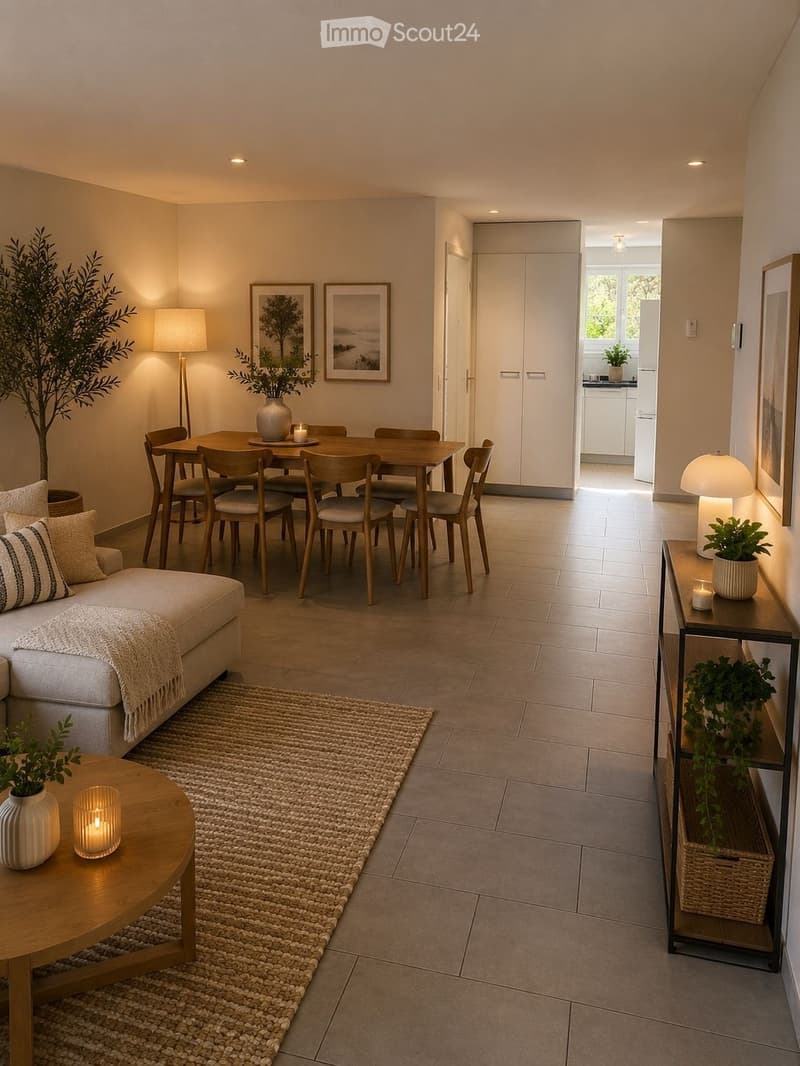 Modern living and dining area with a sofa, coffee table, dining table with chairs, side table, floor lamp, and decorative vases.