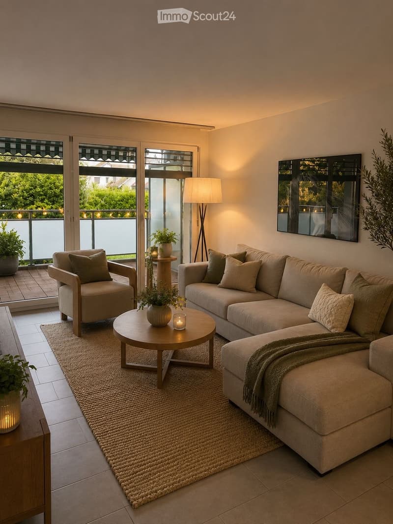 Modern living room with a beige sectional sofa, armchair, coffee table, floor lamp, and large windows opening to a balcony.
