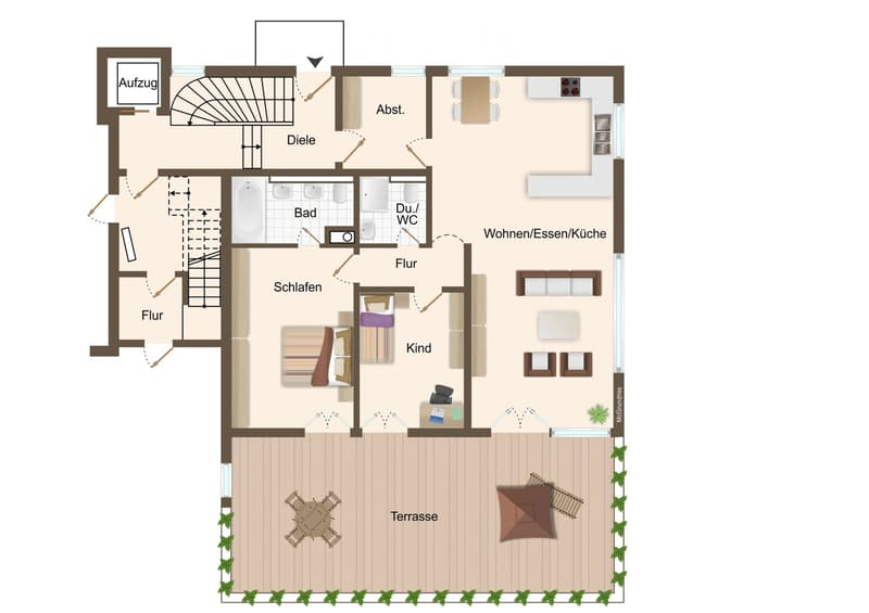 Floor plan of a multi-level house with living, dining, kitchen, bedroom, bathroom, and terrace.