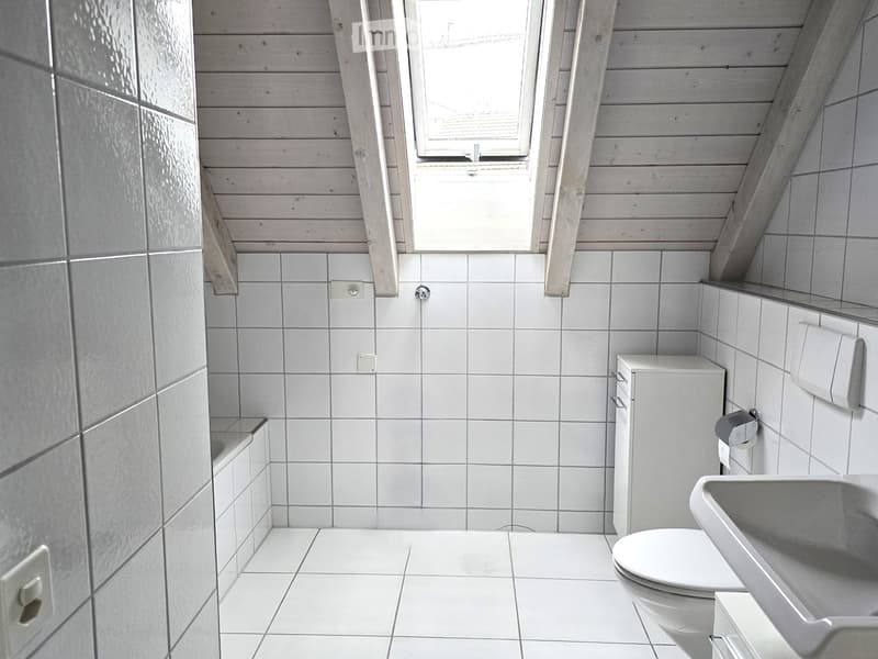 all white tiles, toilet, sink, bathtub, wooden beam ceiling, skylight