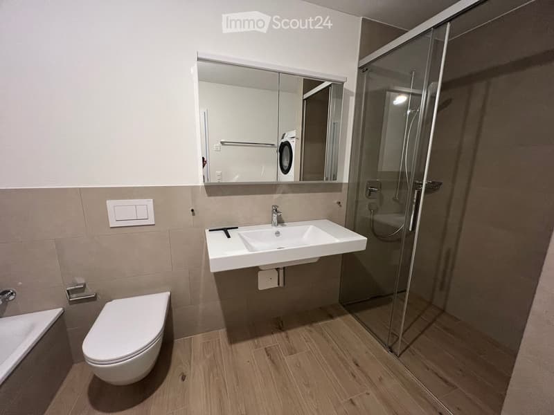 Modern bathroom with a white toilet, sink, bathtub, and glass-enclosed shower. Features a large mirror above the sink and wooden flooring.