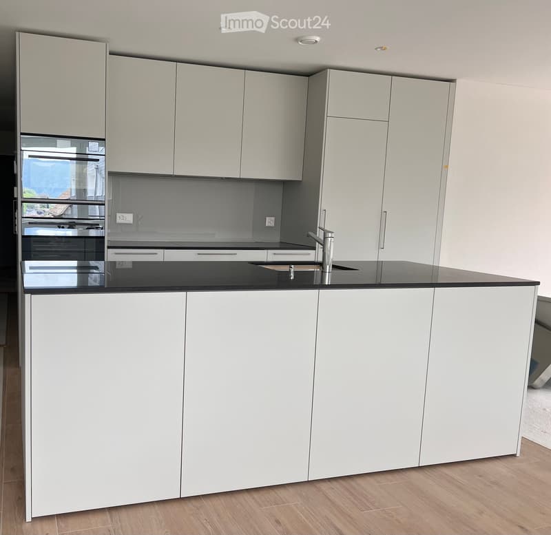 Modern kitchen with white cabinets, black countertop, and a stainless steel sink.