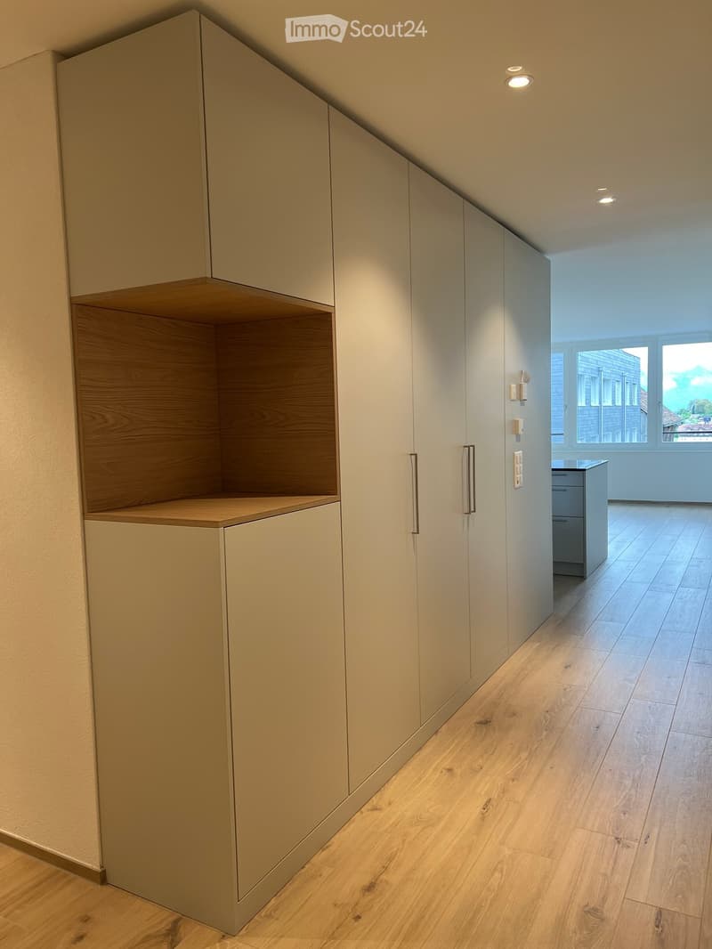 Modern hallway with light wood flooring, built-in storage units with wooden shelves, recessed lighting, and a view of a bright room with a window and a small cabinet.
