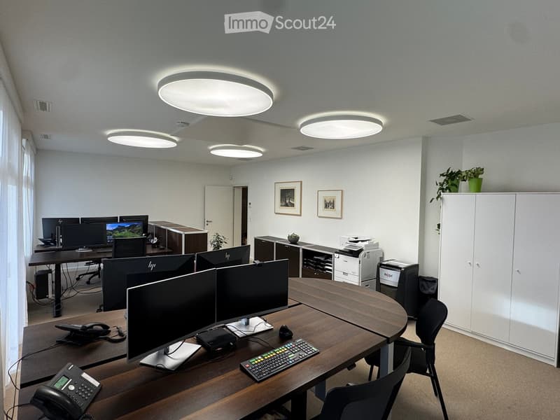 modern office setup, round tables, computer monitors, keyboards, phones, cabinets, framed pictures, plants, office chairs, ceiling lights