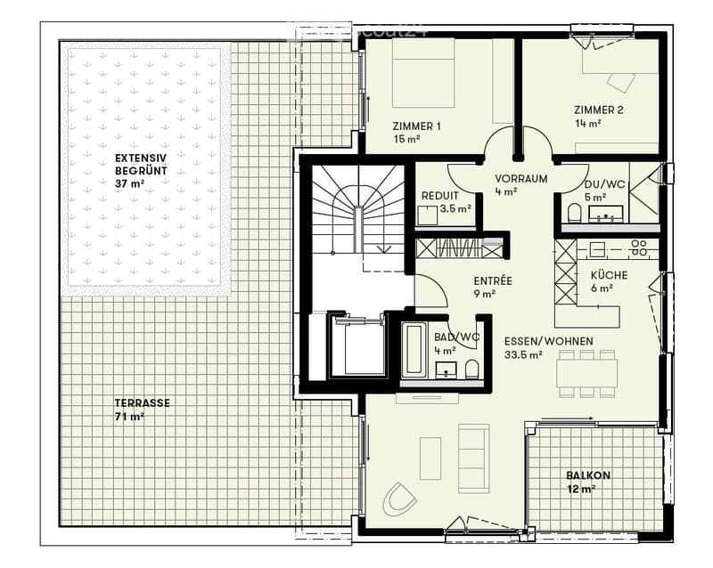 2 bedrooms, 2 bathrooms, living room, kitchen, dining area, laundry, terrace, balcony