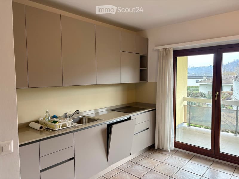 Modern kitchen with minimalist design, kitchen cabinets, sink, dishwasher, balcony, tiled floor