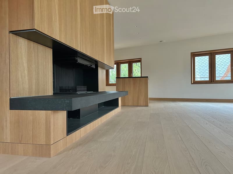 large fireplace, wooden wall, wooden floor, two windows