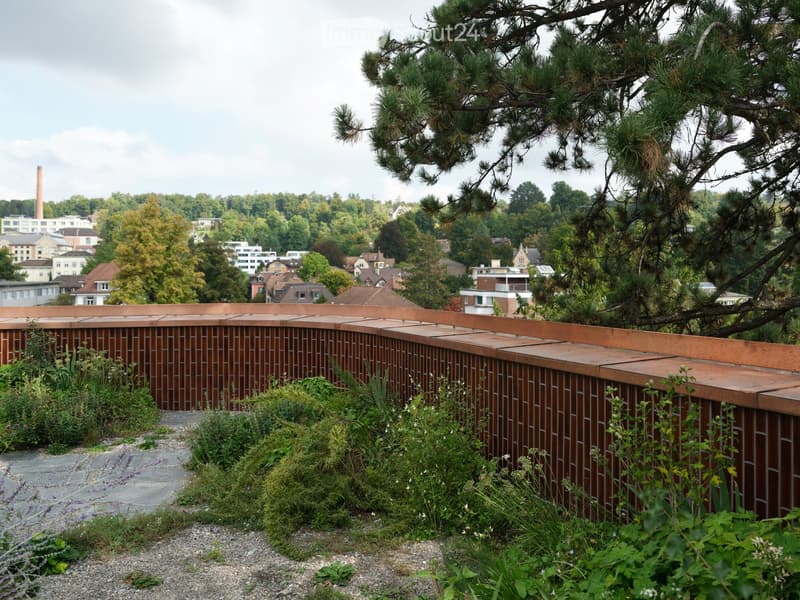A rooftop garden with a brick wall, greenery, and a view of a cityscape with trees and buildings.