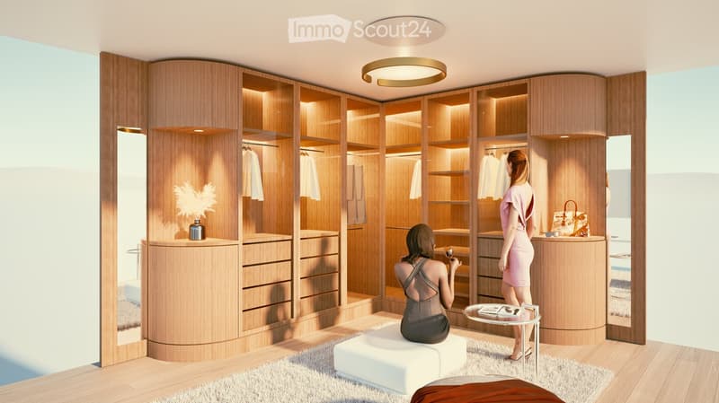 Modern walk-in closet with wooden built-in wardrobes, illuminated shelves, a round vanity table, and a small seating area with a stool and table.