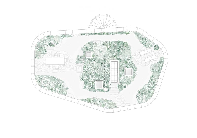 Plan of a landscaped garden area with pathways, planting beds, and a central rectangular structure, likely a pool or patio.