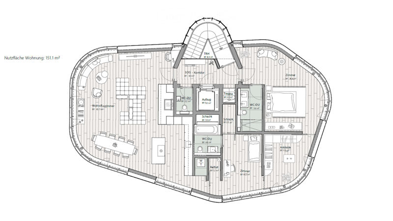 Floor plan of a 151.1 m² apartment featuring a living/dining area, kitchen, three bedrooms, two bathrooms, hallway, storage, and elevator access.