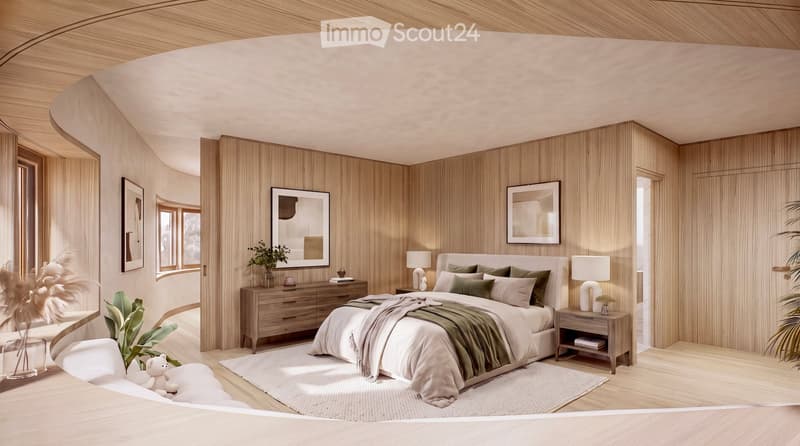 Modern bedroom with wooden walls, a large bed with green bedding, nightstands, lamps, and decorative plants.