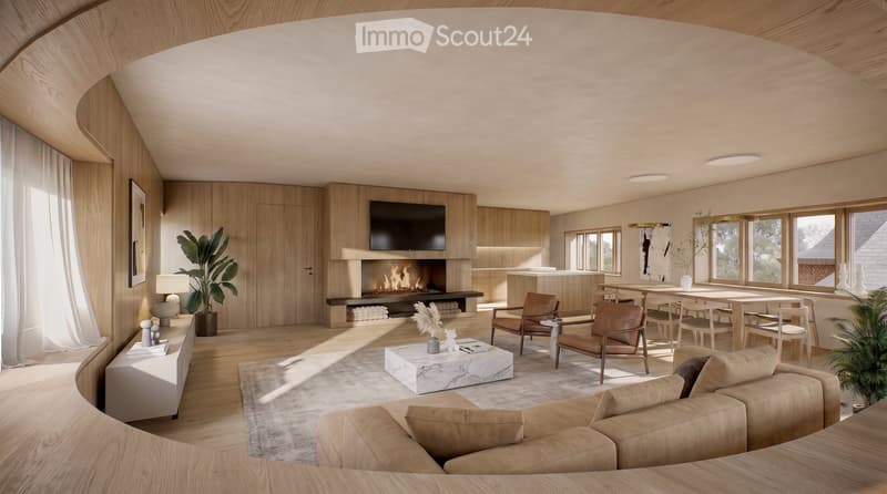 Modern living room with a fireplace, large windows, a beige sofa, coffee table, dining area, and armchairs.