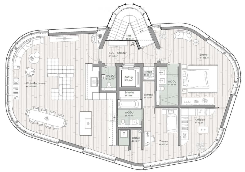 Floor plan of a modern, multi-room apartment with a living/dining area, kitchen, bedrooms, bathrooms, and a hallway.