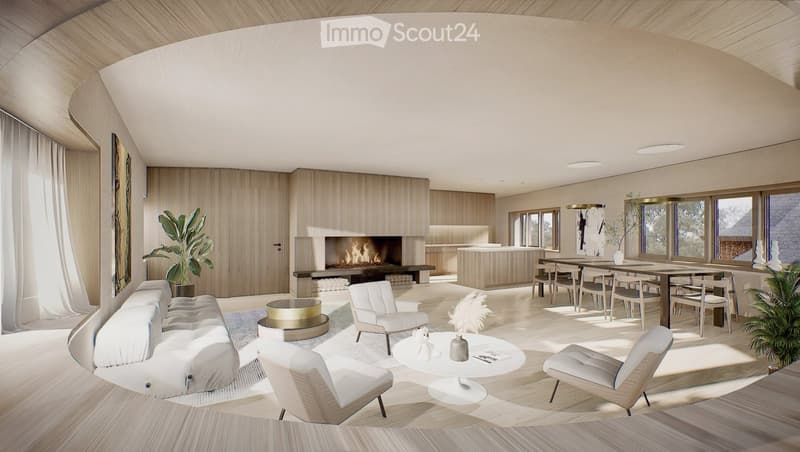Modern living room with a fireplace, white sofa, armchairs, coffee tables, dining area, and large windows.
