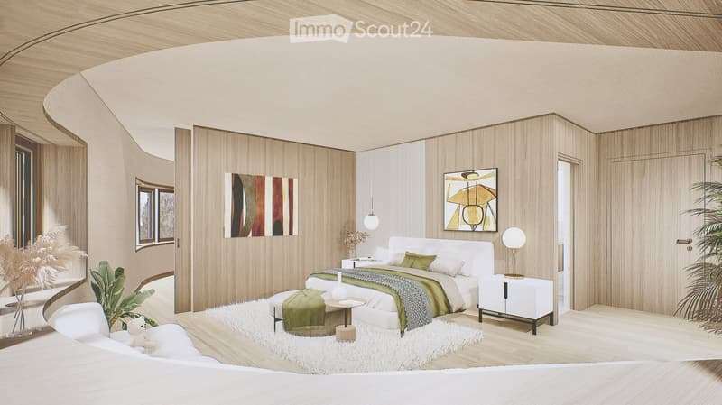 Modern bedroom with a white bed, nightstands, a small table, and decorative plants. The room features wooden walls and a sleek, contemporary design.