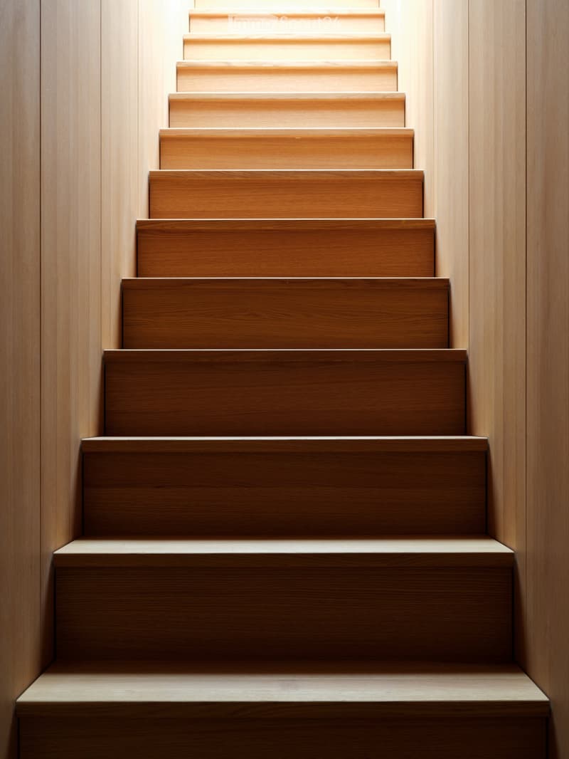 Wooden staircase with light-colored steps and risers, set in a narrow hallway with matching wooden walls.